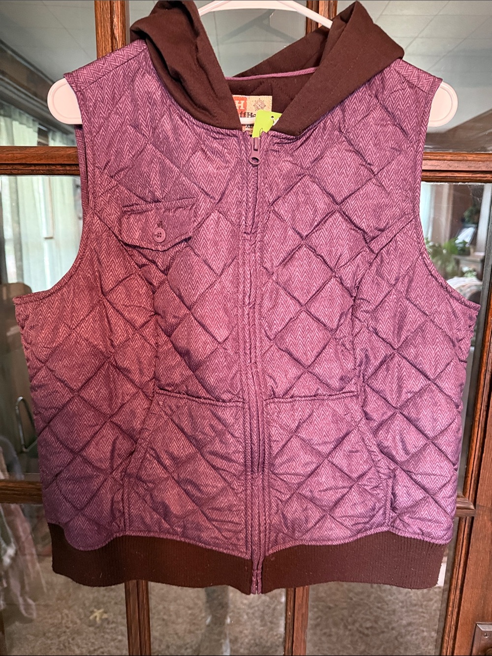 Ruff Hewn Quilted Hooded Vest in Purple with Brown Trim